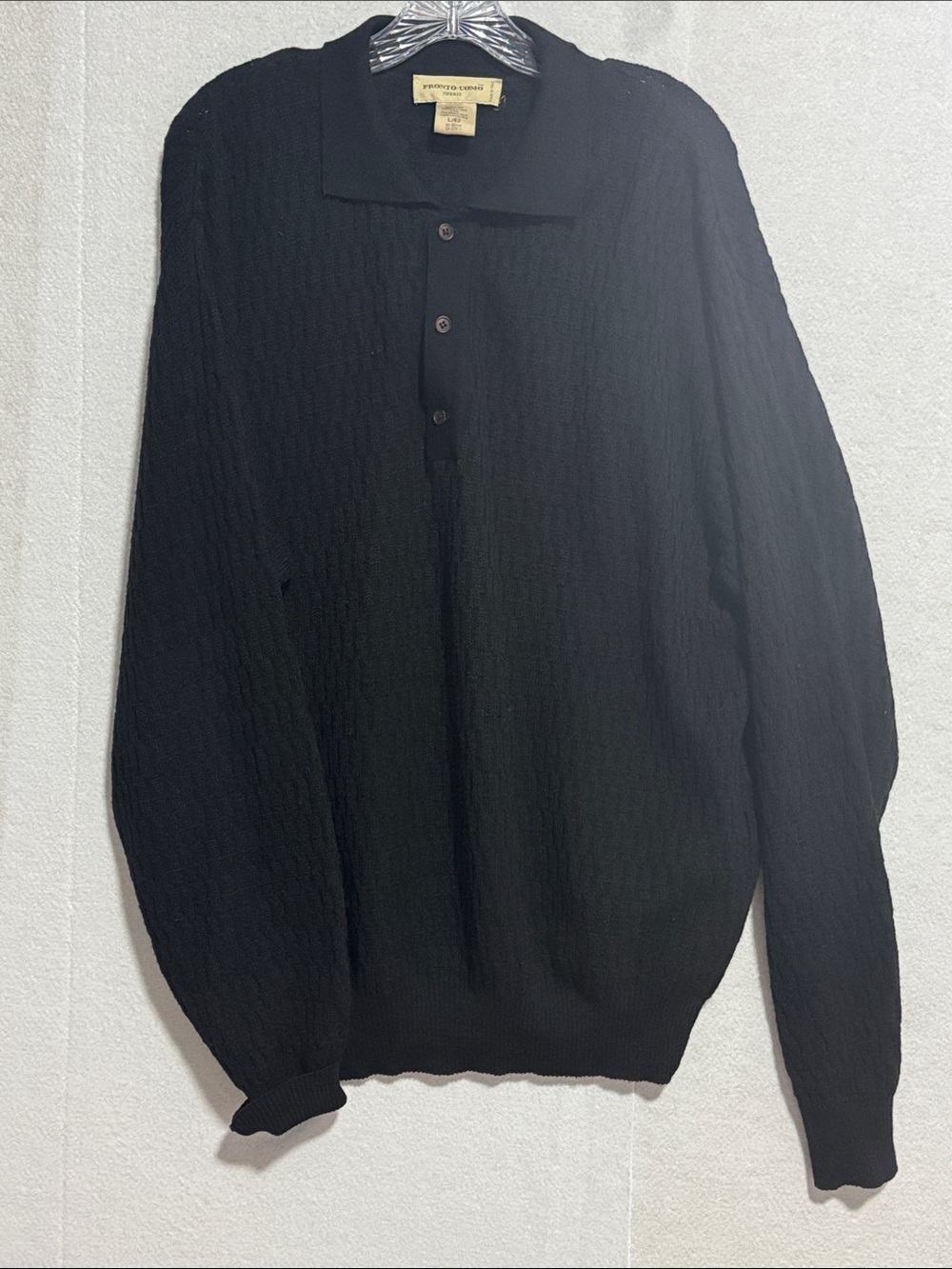 Pronto Uomo Grandpacore Merino Wool Black Cable-Knit Crewneck Polo Sweater